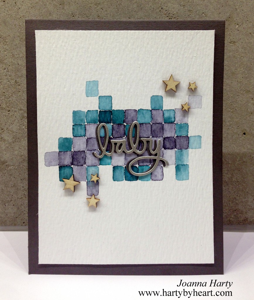 Babycard with watercolor background and Simon Says Stamp word die